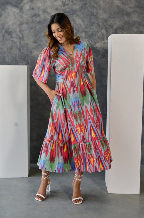 Dreamy Grey Ikat Print Maxi Dress